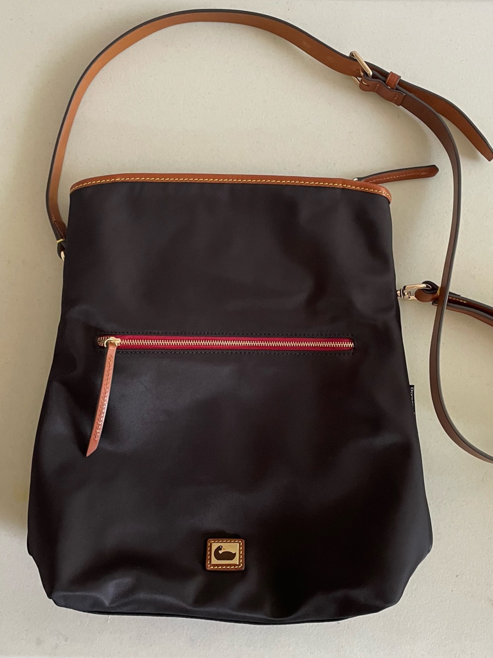 Dooney & Burke Wayfarer 9 x 11 Nylon Flapover Crossbody Bag Black Brown Trim - Picture 5 of 14